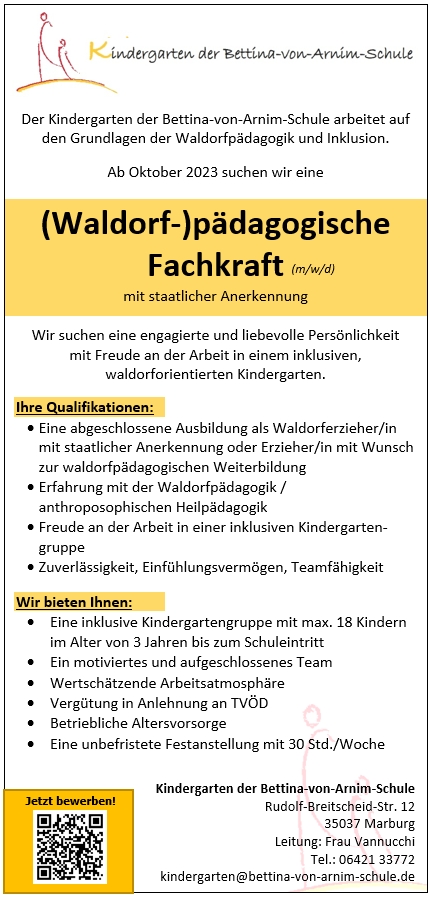 Kindergarten der Bettina-von-Arnim-Schule - Stellenangebot: (Waldorf